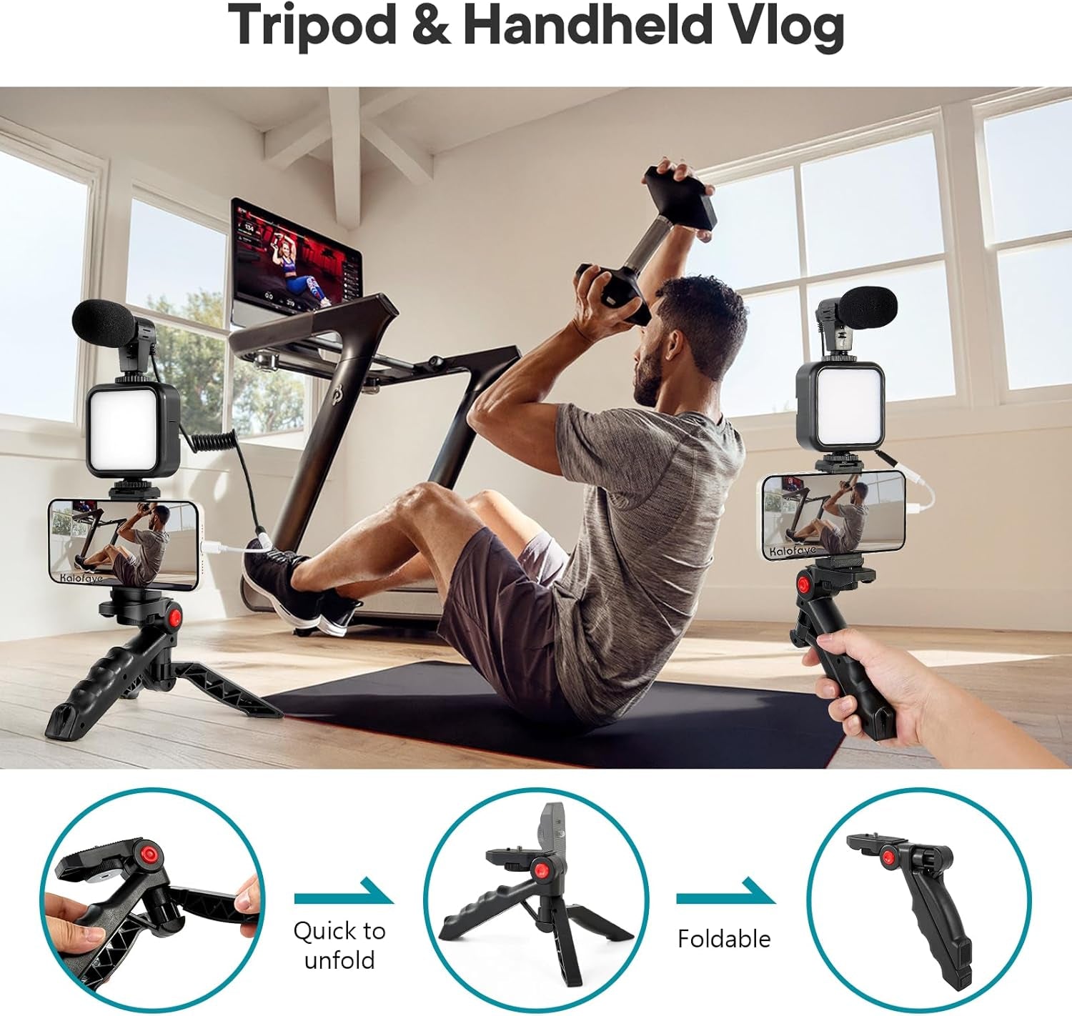 Vlogging Kit for Iphone, Android (With Tripod), with Mini LED Video Light + Cardioid Microphone + Phone Clip + Tripod for Video Calling, Vlogging, Youtube, Instagram, Tiktok