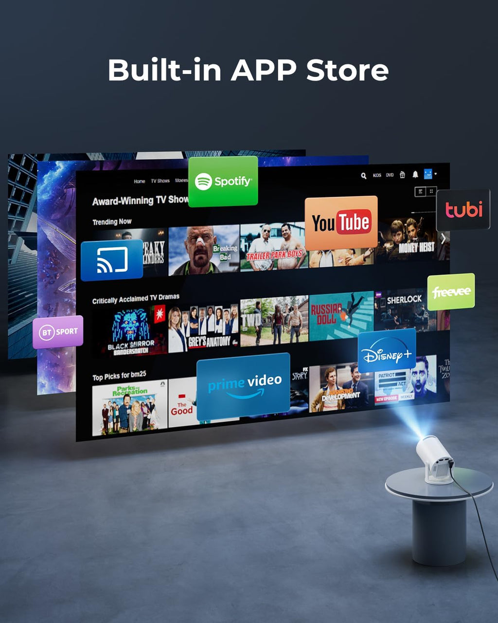 Mini Projector with Wifi and Bluetooth, Built-In Apps, Smart Portable Projector with 180° Rotation, Auto Keystone, Support 1080P, Compatible with HDMI/USB/TV Stick/Smartphone/Laptop