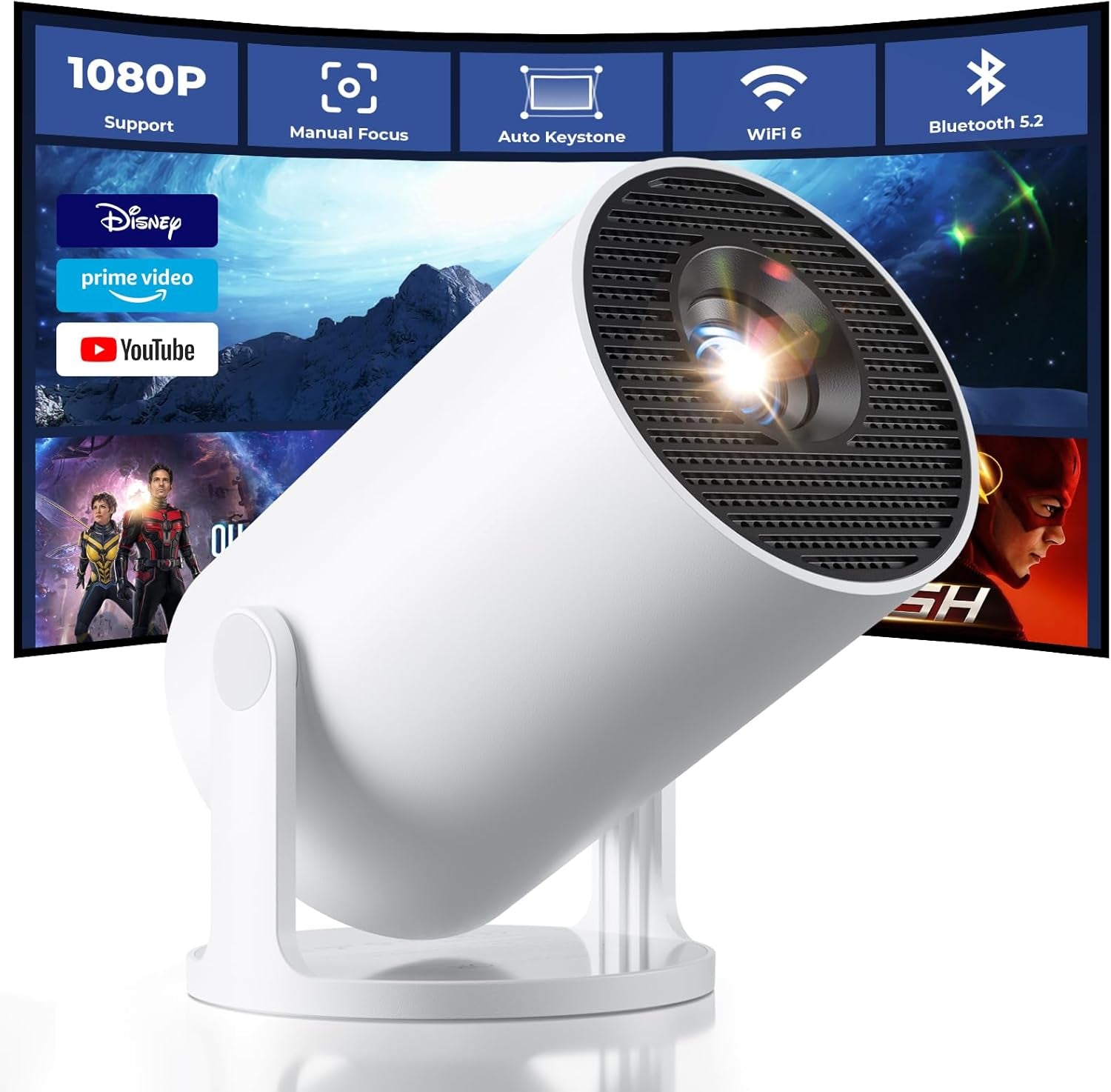 Mini Projector with Wifi and Bluetooth, Built-In Apps, Smart Portable Projector with 180° Rotation, Auto Keystone, Support 1080P, Compatible with HDMI/USB/TV Stick/Smartphone/Laptop