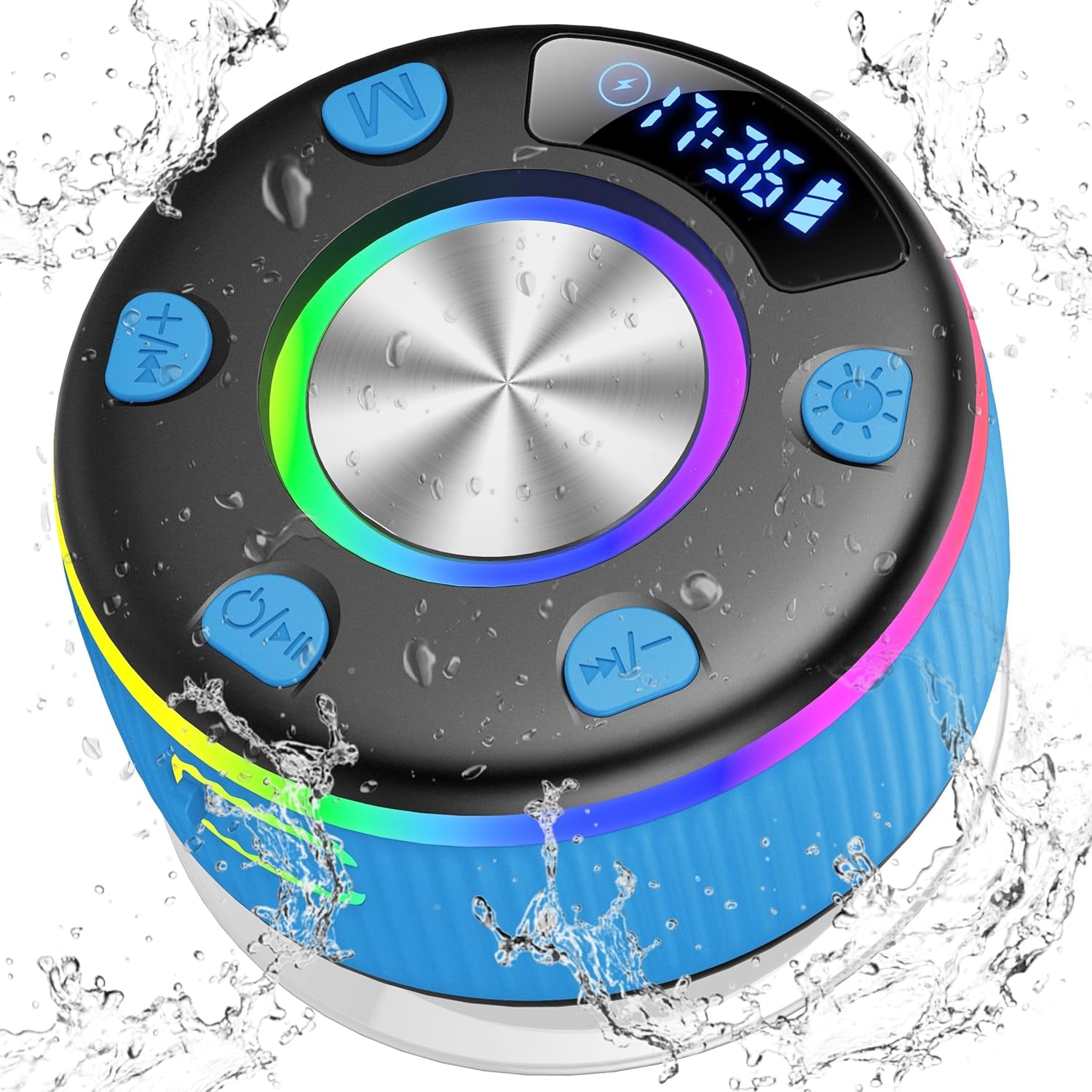 Bluetooth Shower Speaker, Portable Bluetooth 5.3 Speakers Wireless with Time Display, IP7 Waterproof Speakers with RGB Light, Suction Cup, Mini Stereo Speaker for Bathroom Party Travel Beach Outdoor