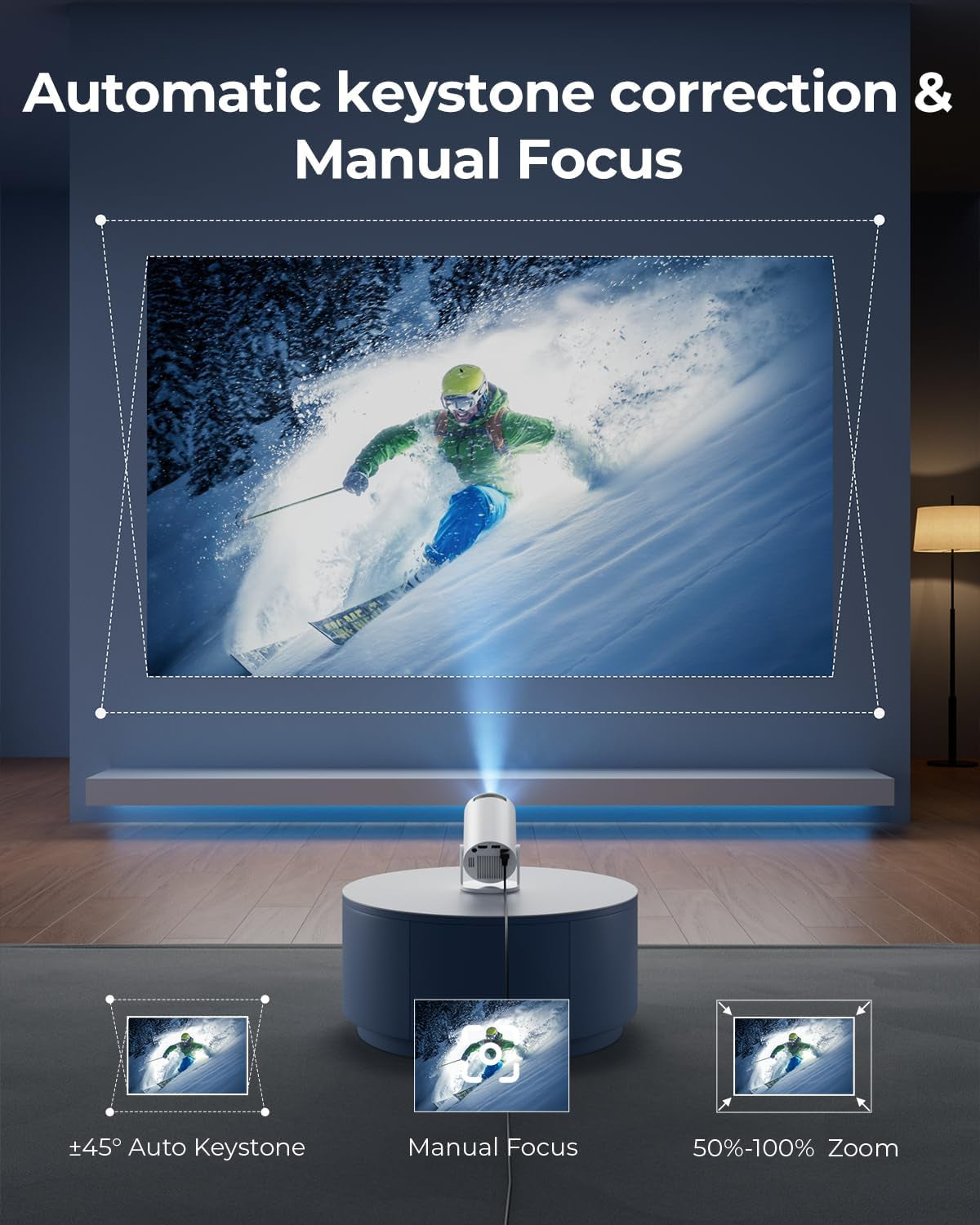 Mini Projector with Wifi and Bluetooth, Built-In Apps, Smart Portable Projector with 180° Rotation, Auto Keystone, Support 1080P, Compatible with HDMI/USB/TV Stick/Smartphone/Laptop