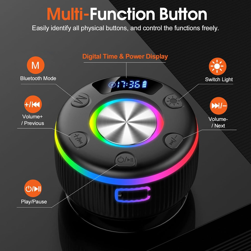 Bluetooth Shower Speaker, Portable Bluetooth 5.3 Speakers Wireless with Time Display, IP7 Waterproof Speakers with RGB Light, Suction Cup, Mini Stereo Speaker for Bathroom Party Travel Beach Outdoor