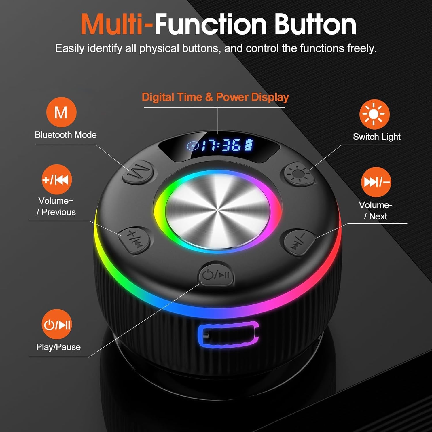 Bluetooth Shower Speaker, Portable Bluetooth 5.3 Speakers Wireless with Time Display, IP7 Waterproof Speakers with RGB Light, Suction Cup, Mini Stereo Speaker for Bathroom Party Travel Beach Outdoor