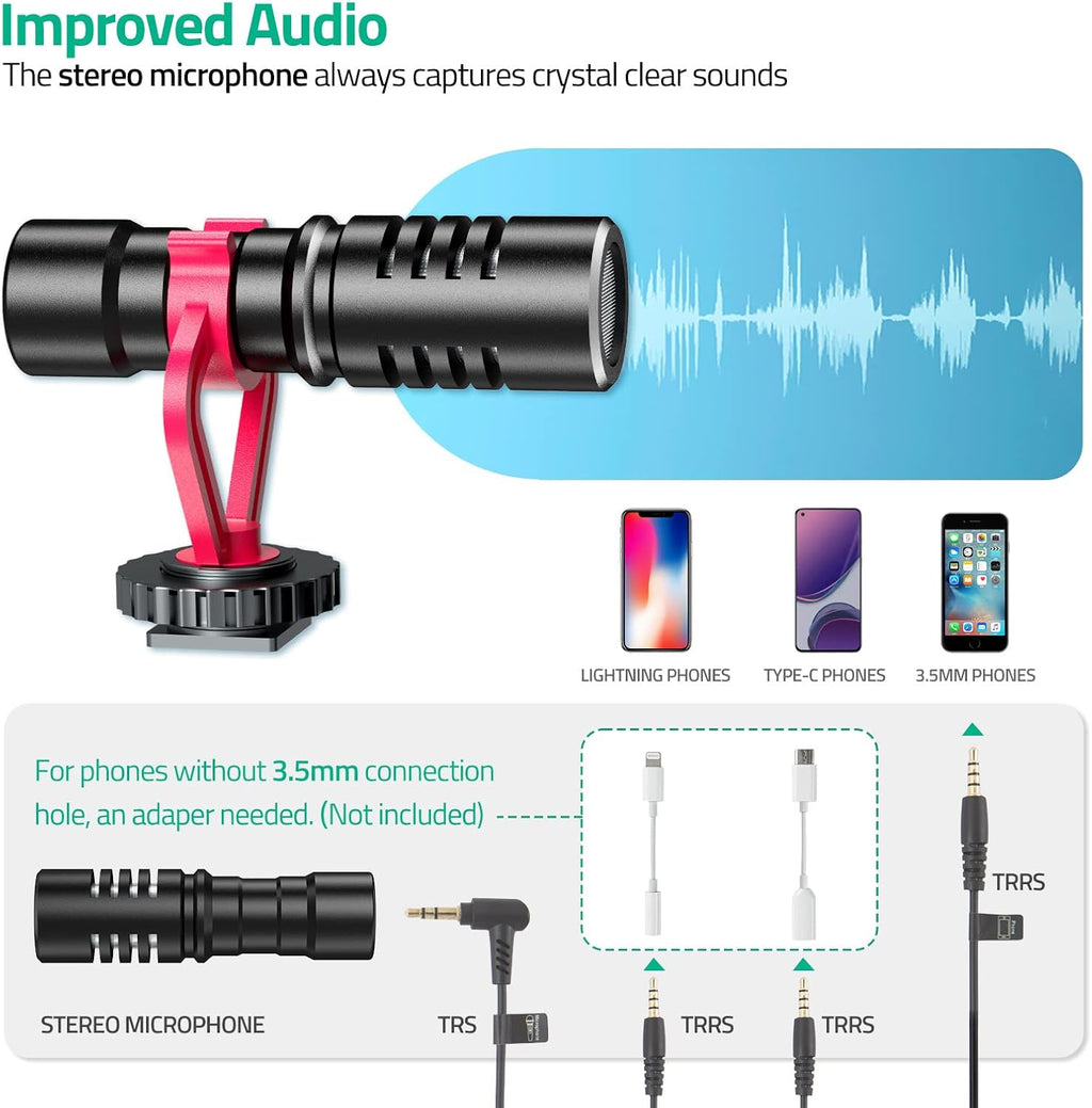 Smartphone Video Vlogging Kit with LED Light, Phone Holder, Microphone, Tripod, Carry Bag,  Youtube Starter Kit for Iphone/Android, Content Creator Kit for Video Recording Vlogging(Black)