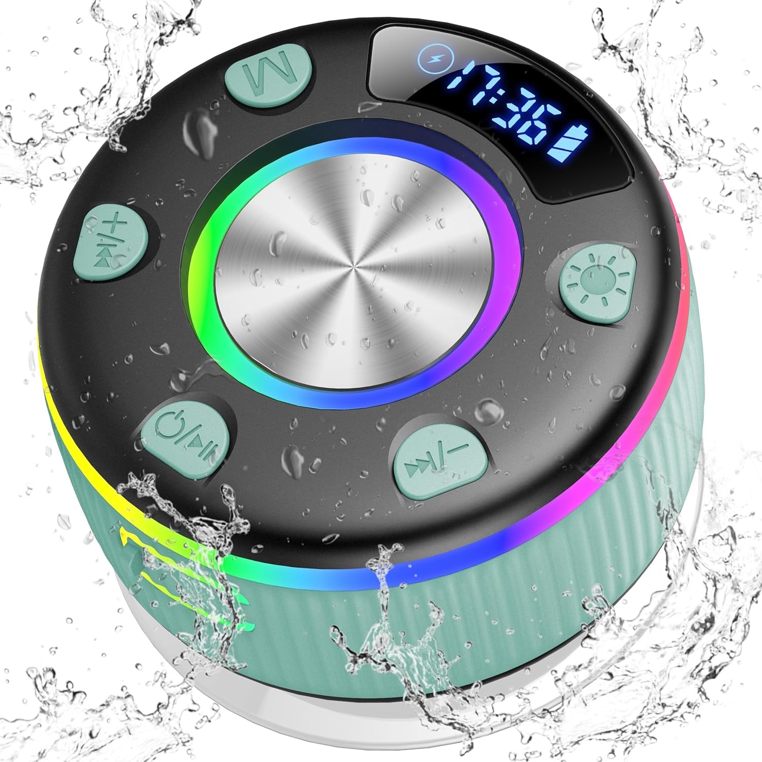 Bluetooth Shower Speaker, Portable Bluetooth 5.3 Speakers Wireless with Time Display, IP7 Waterproof Speakers with RGB Light, Suction Cup, Mini Stereo Speaker for Bathroom Party Travel Beach Outdoor