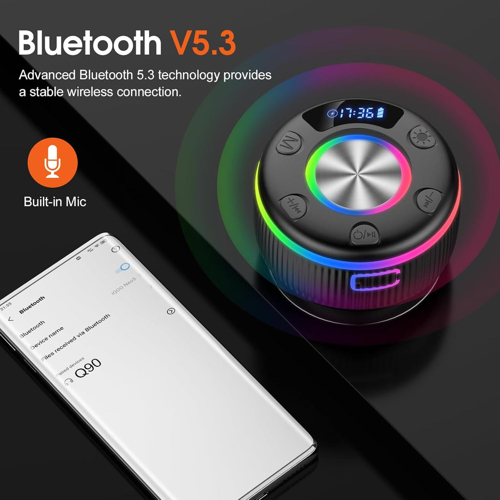 Bluetooth Shower Speaker, Portable Bluetooth 5.3 Speakers Wireless with Time Display, IP7 Waterproof Speakers with RGB Light, Suction Cup, Mini Stereo Speaker for Bathroom Party Travel Beach Outdoor
