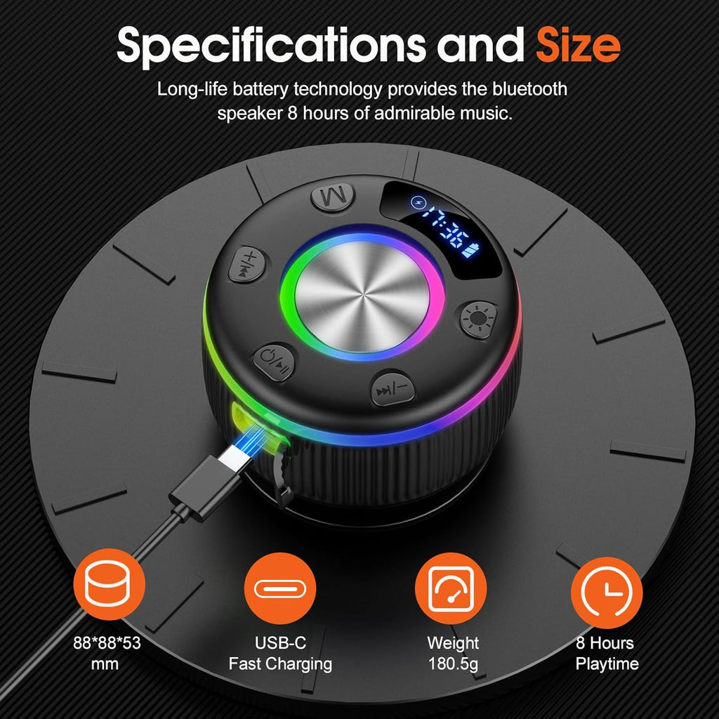 Bluetooth Shower Speaker, Portable Bluetooth 5.3 Speakers Wireless with Time Display, IP7 Waterproof Speakers with RGB Light, Suction Cup, Mini Stereo Speaker for Bathroom Party Travel Beach Outdoor