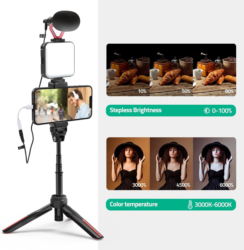 Smartphone Video Vlogging Kit with LED Light, Phone Holder, Microphone, Tripod, Carry Bag,  Youtube Starter Kit for Iphone/Android, Content Creator Kit for Video Recording Vlogging(Black)