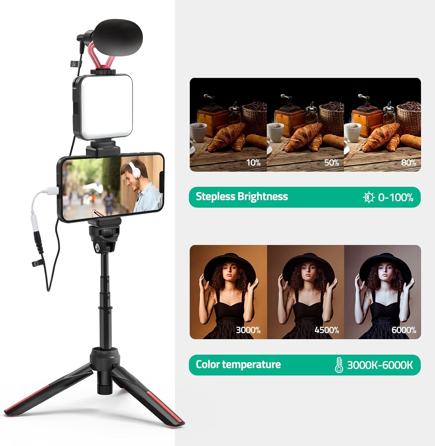 Smartphone Video Vlogging Kit with LED Light, Phone Holder, Microphone, Tripod, Carry Bag,  Youtube Starter Kit for Iphone/Android, Content Creator Kit for Video Recording Vlogging(Black)