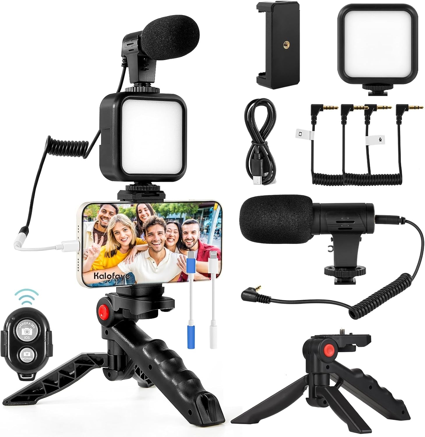 Vlogging Kit for Iphone, Android (With Tripod), with Mini LED Video Light + Cardioid Microphone + Phone Clip + Tripod for Video Calling, Vlogging, Youtube, Instagram, Tiktok