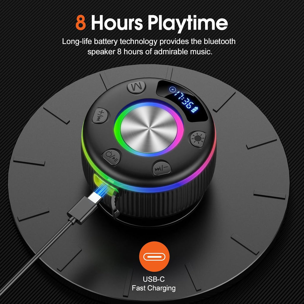 Bluetooth Shower Speaker, Portable Bluetooth 5.3 Speakers Wireless with Time Display, IP7 Waterproof Speakers with RGB Light, Suction Cup, Mini Stereo Speaker for Bathroom Party Travel Beach Outdoor