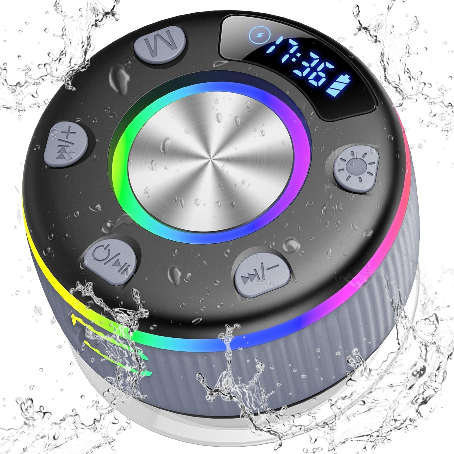 Bluetooth Shower Speaker, Portable Bluetooth 5.3 Speakers Wireless with Time Display, IP7 Waterproof Speakers with RGB Light, Suction Cup, Mini Stereo Speaker for Bathroom Party Travel Beach Outdoor