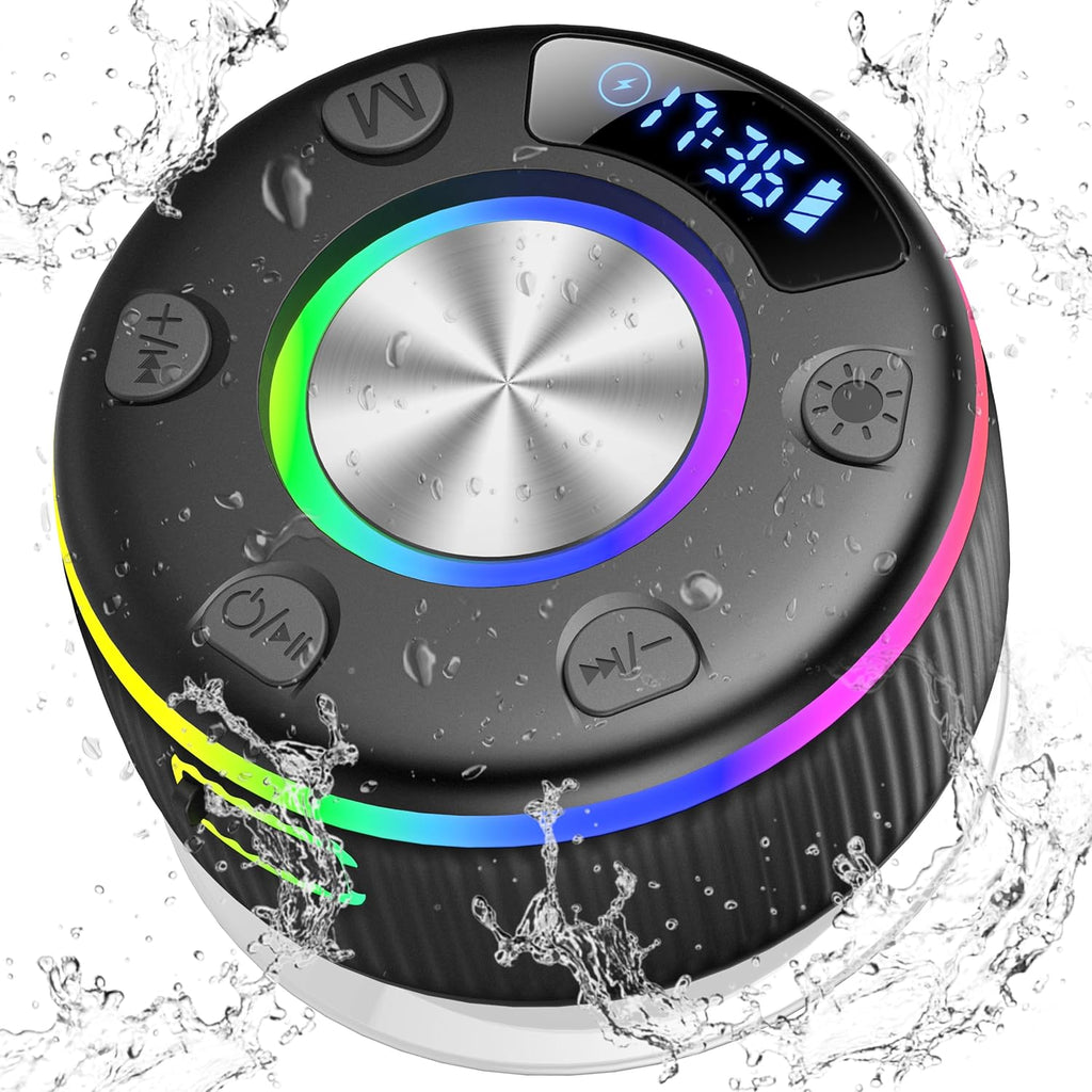 Bluetooth Shower Speaker, Portable Bluetooth 5.3 Speakers Wireless with Time Display, IP7 Waterproof Speakers with RGB Light, Suction Cup, Mini Stereo Speaker for Bathroom Party Travel Beach Outdoor