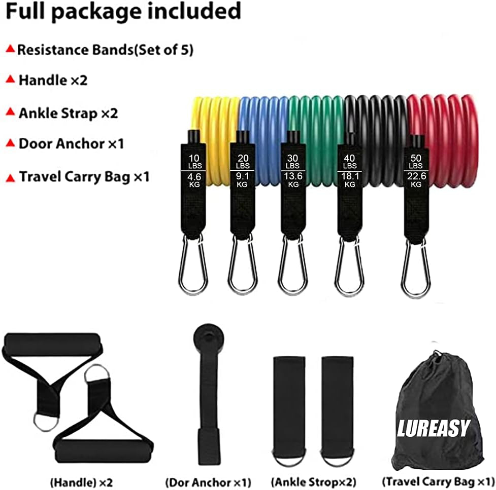 Resistance Bands Set (11 PCS) Portable Home Gym Accessories - Stackable up to 150 Lbs,Exercise with Door Anchor, Handles, Carry Bag, Legs Ankle Straps for Training, Workouts