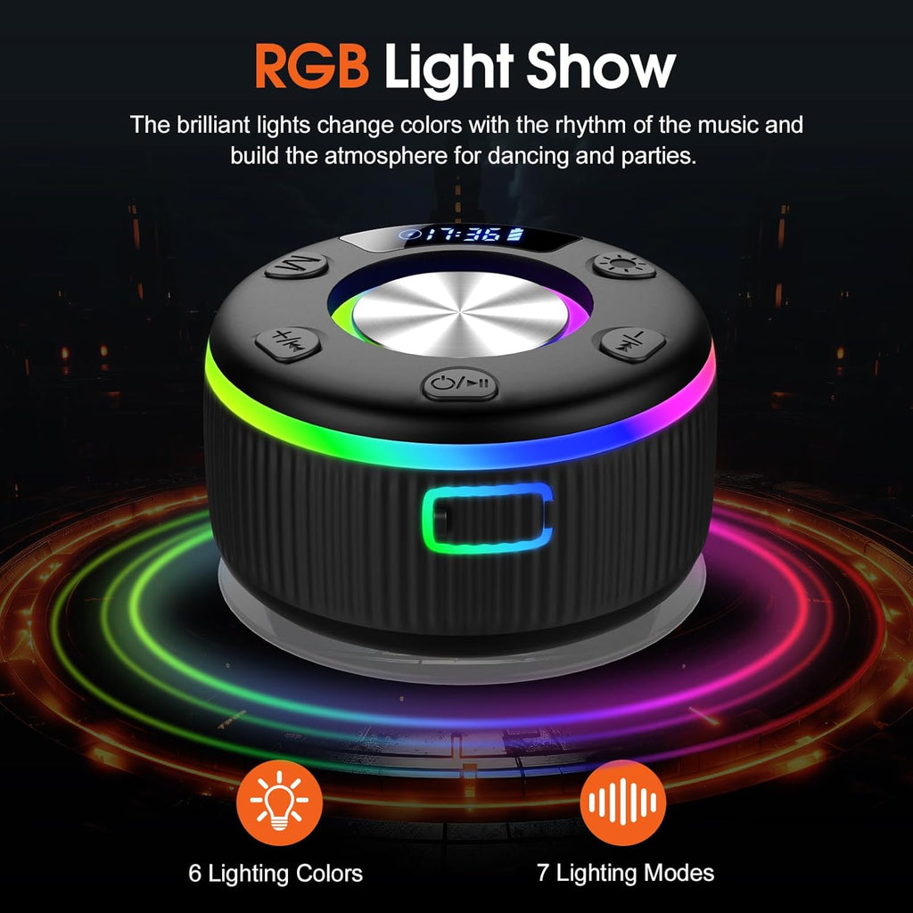 Bluetooth Shower Speaker, Portable Bluetooth 5.3 Speakers Wireless with Time Display, IP7 Waterproof Speakers with RGB Light, Suction Cup, Mini Stereo Speaker for Bathroom Party Travel Beach Outdoor