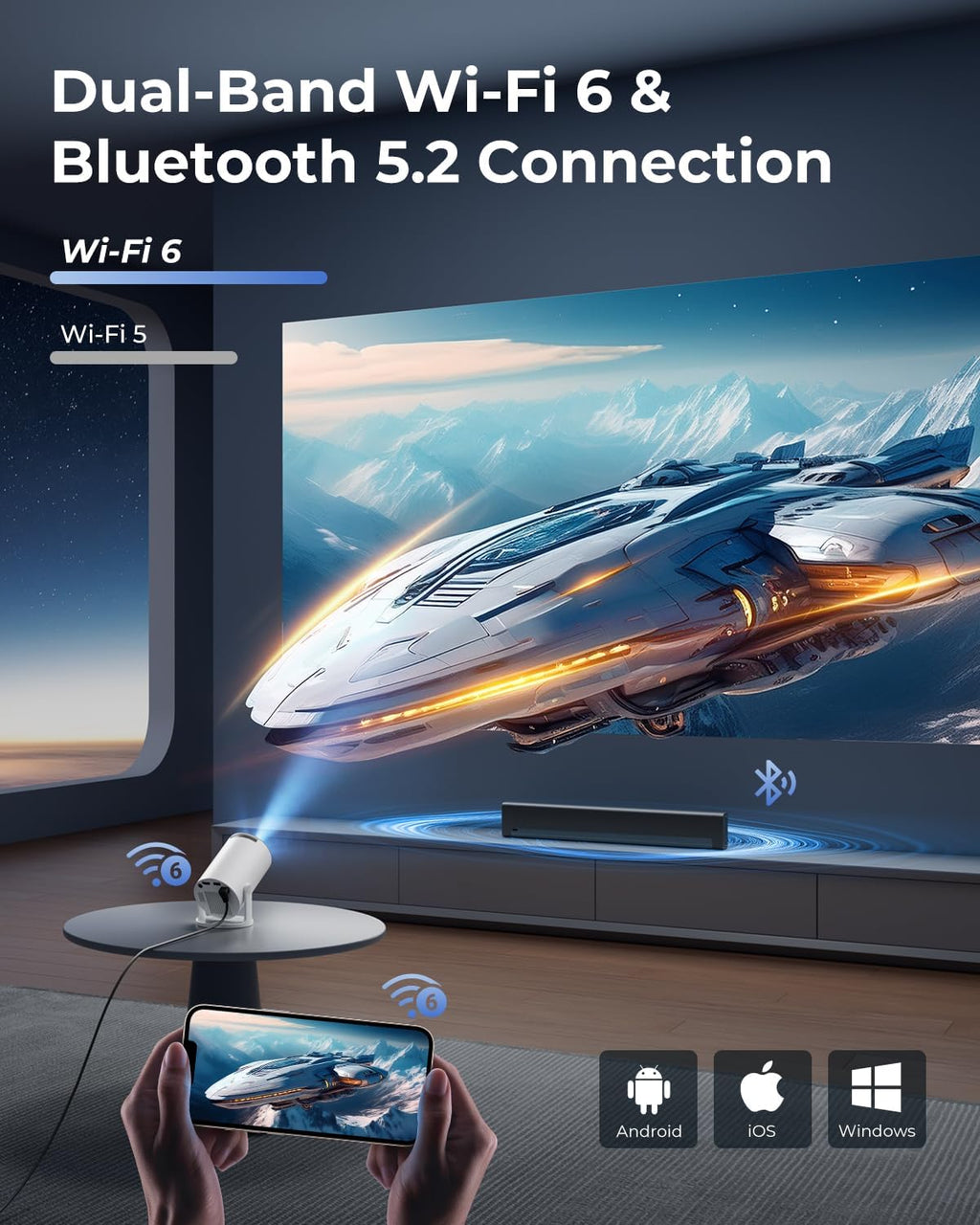 Mini Projector with Wifi and Bluetooth, Built-In Apps, Smart Portable Projector with 180° Rotation, Auto Keystone, Support 1080P, Compatible with HDMI/USB/TV Stick/Smartphone/Laptop