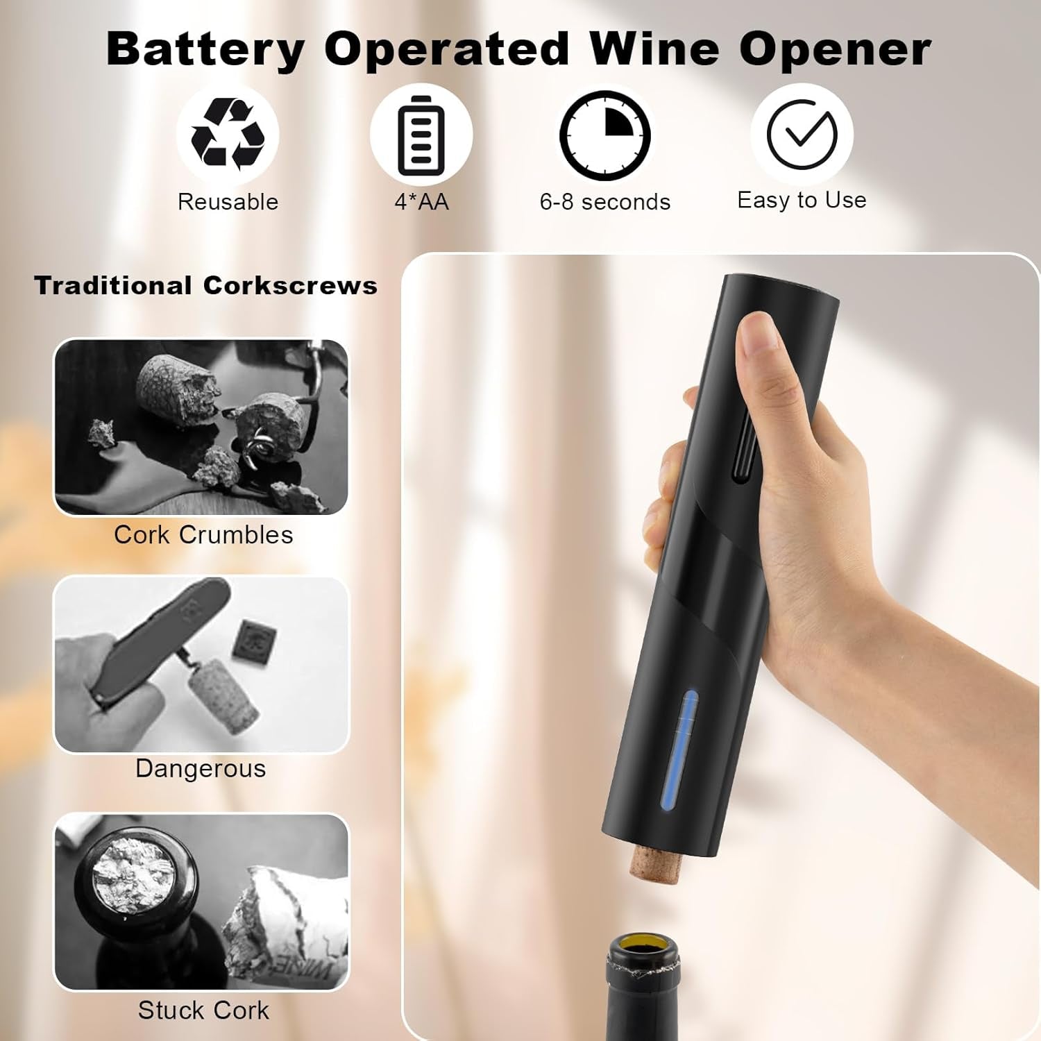 Electric Wine Opener, Battery Operated Wine Bottle Openers with Foil Cutter, One-Click Button Corkscrew Remover for Home Kitchen Party Wedding