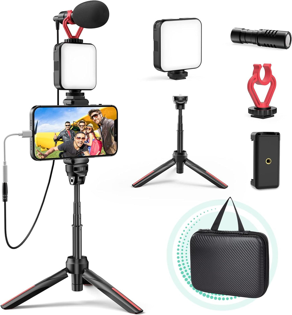 Smartphone Video Vlogging Kit with LED Light, Phone Holder, Microphone, Tripod, Carry Bag,  Youtube Starter Kit for Iphone/Android, Content Creator Kit for Video Recording Vlogging(Black)